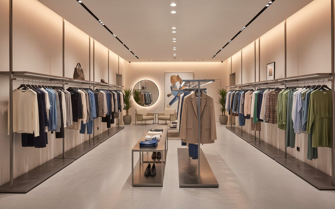 Elegancki butik odzieżowy z markową kolekcją ubrań na wieszakach
