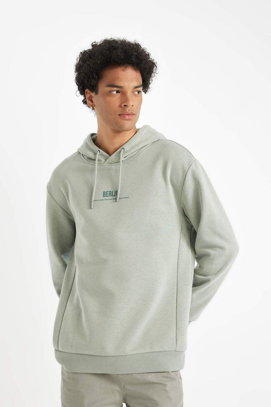 DeFacto Relax Fit Hooded Printed Thick Sweatshirt Green Men