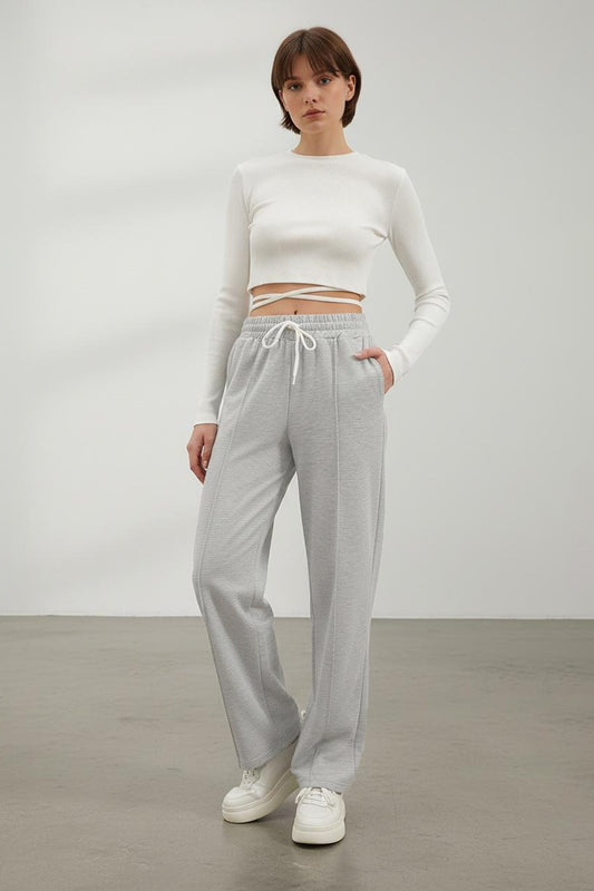 Trend Alaçatı Stili Women's Gray High Waist Front Pleated Wide Leg Double Pocket Sweatpants Alc Women