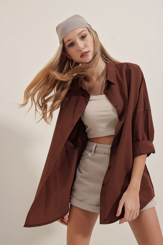 Bigdart Oversize Long Basic Shirt - Brown Women