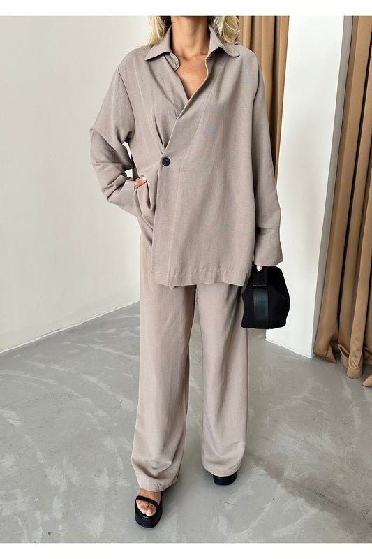 Laluvia Mink Colored 100% Cotton Double-breasted Kimono and Trousers Set - Single Button Women