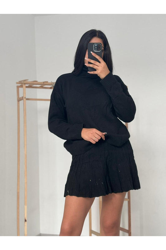 Mooi Butik Turtleneck Sweater - Pleated Skirt RORY Set - Black Women
