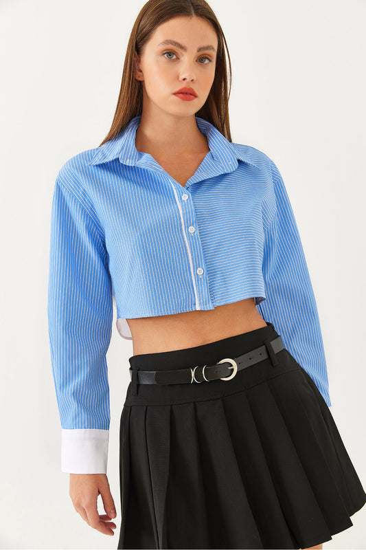 Bianco Lucci Women's Asymmetrical Striped Cuff Detailed Crop Shirt Blue Women