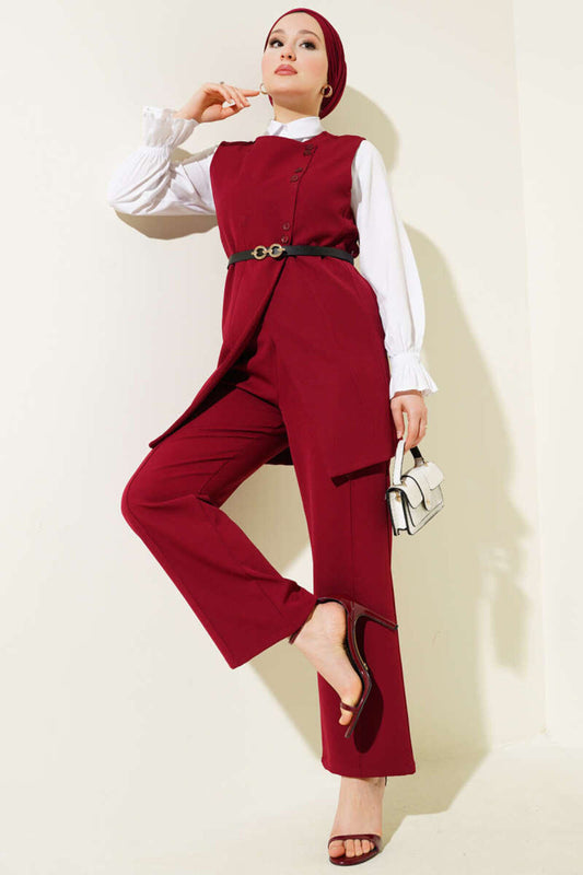 VOLT CLOTHİNG Women's Cross Mini Buttoned Vest with Belt Double Set Burgundy Women