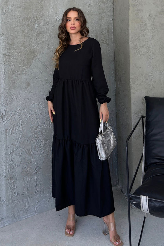 Know Black Long Sleeve Frilly Crew Neck Women's Dress Women
