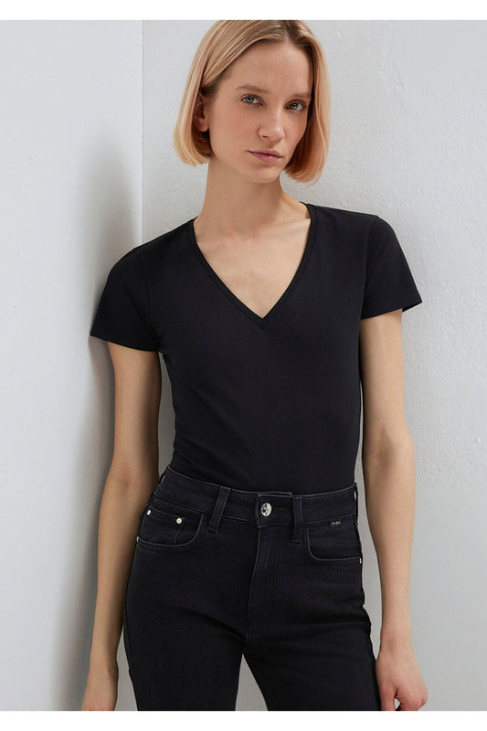 Mavi Black V-Neck Stretch T-Shirt - Fitted Women