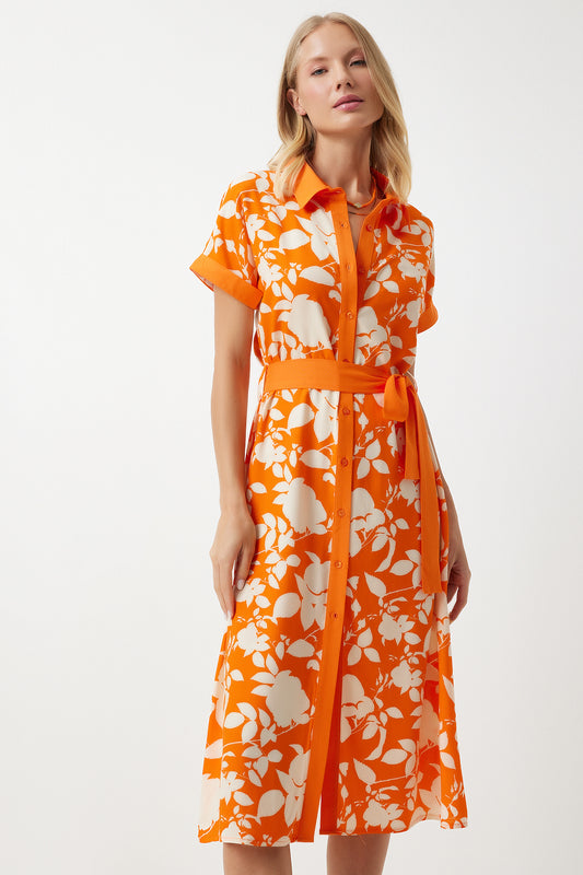 Happiness İstanbul Orange Floral Print Thin Viscose Summer Dress Women