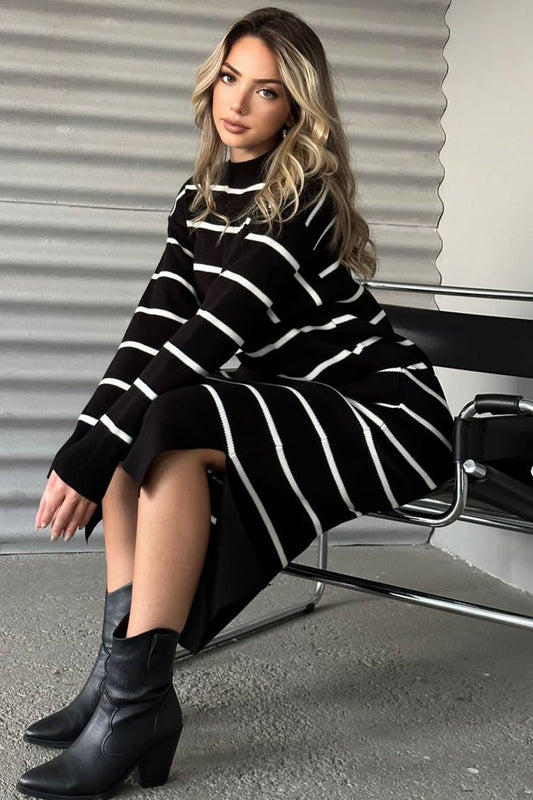 bayansepeti Crew Neck Oversize Long Sleeve Midi Length Stripe Patterned Black Knitwear Dress Women