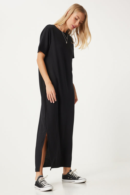 Happiness İstanbul Black Long Summer Knitted Dress - Side Slit Women