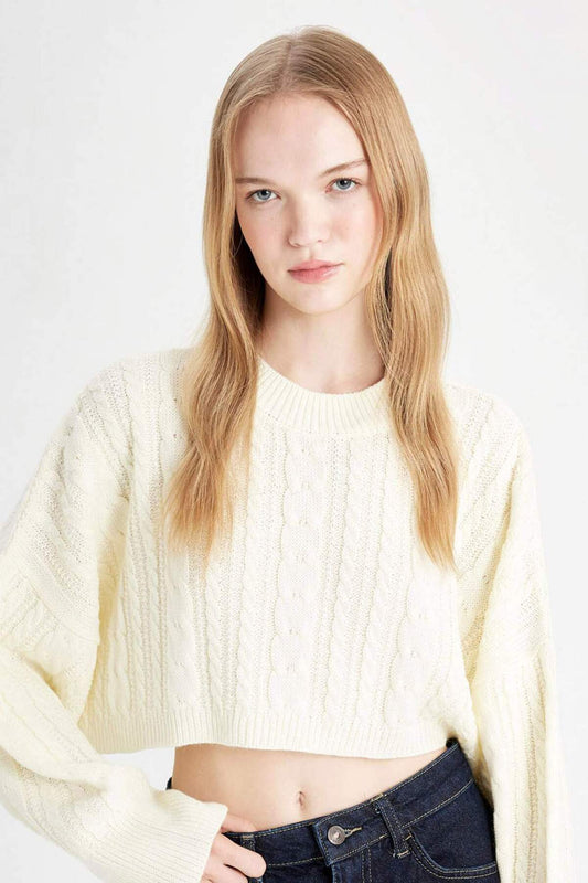 DeFacto Regular Fit Crop Crew Neck Hair Braided Knitwear Sweater Ecru Women