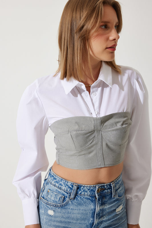 Happiness İstanbul Women's White Gray Color Block Crop Shirt Blouse White Grey Women