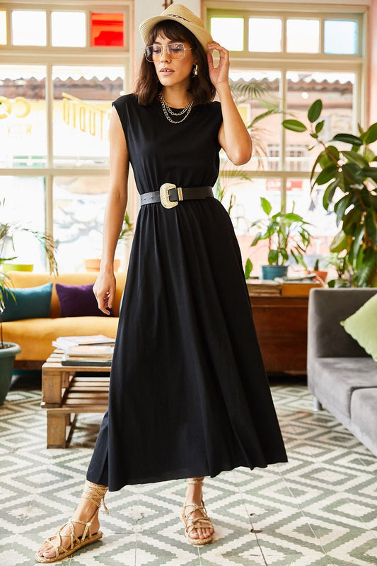 Olalook Women's Black Elastic Waist Bat Combed Cotton Dress Women