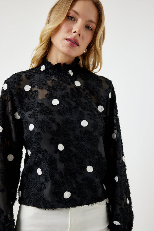 Happiness İstanbul Women's Black Melted Polka Dot Woven Blouse Women