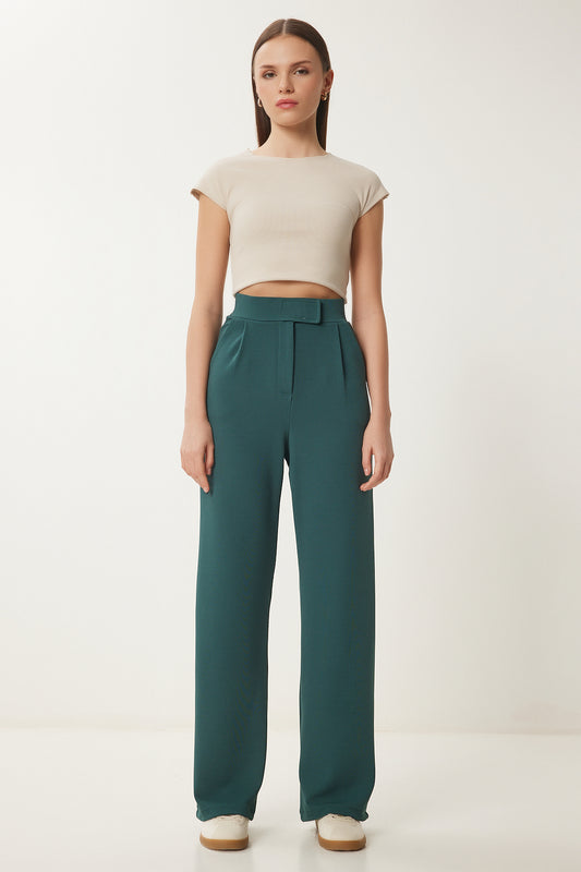 Happiness İstanbul Women's Emerald Green Velcro Waist Comfortable Woven Trousers Women