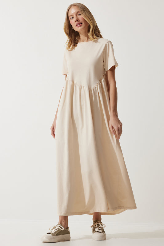 Happiness İstanbul Women's Vanilla Gathered Long Knitted Dress Women
