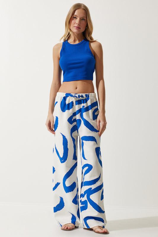 Happiness İstanbul Women's White Blue Patterned Raw Linen Palazzo Trousers Women