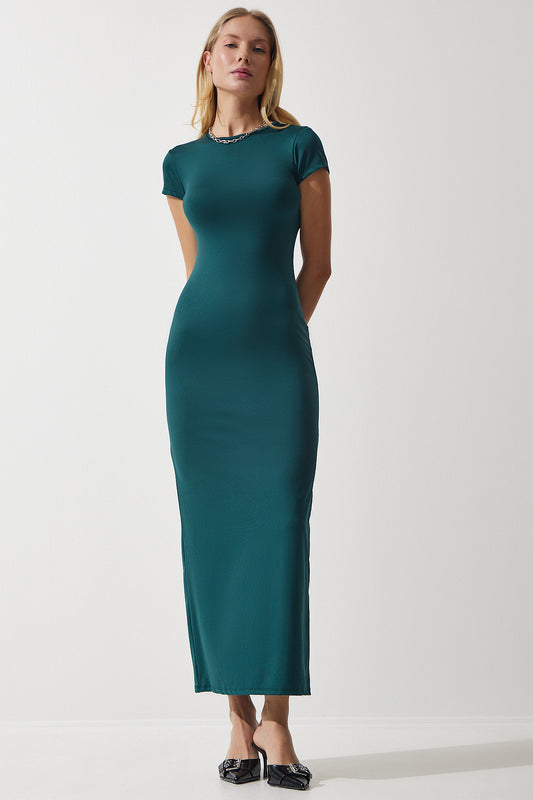 Happiness İstanbul Women's Emerald Green Crew Neck Saran Sandy Knitted Dress Women