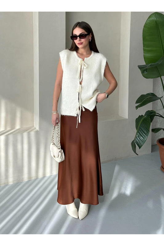 Laluvia Brown Satin Skirt with Side Hidden Zipper and Elastic Waist Coffee Women