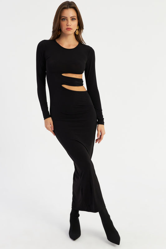 Cool & Sexy Black Maxi Christmas Dress - Low-Cut Detail, Lik9 Women