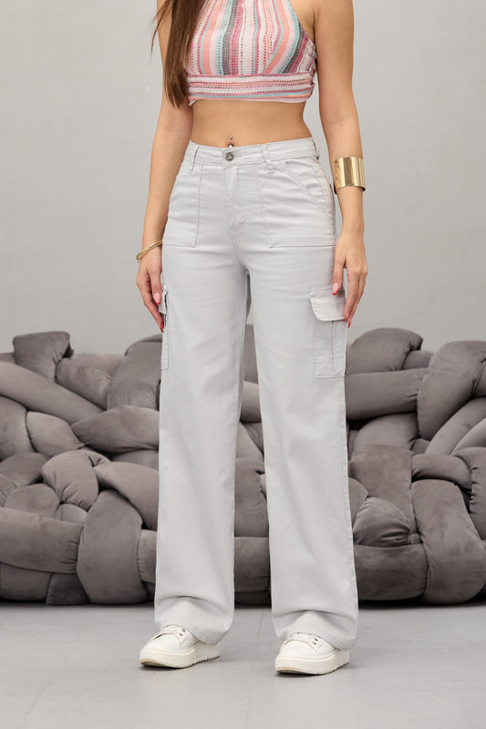 BİKELİFE Stone Gray Cargo Pocket Lycra High Waist Wide Leg Trousers Women