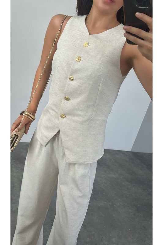 Laluvia Beige Gold Vest - Buttoned Design Women