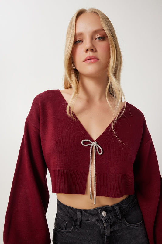Happiness İstanbul Women's Burgundy Jewelled Bow Tie Crop Knitwear Cardigan Women