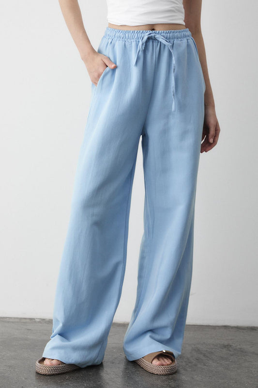 Laluvia Blue Elastic Waist Cotton Linen Trousers Women