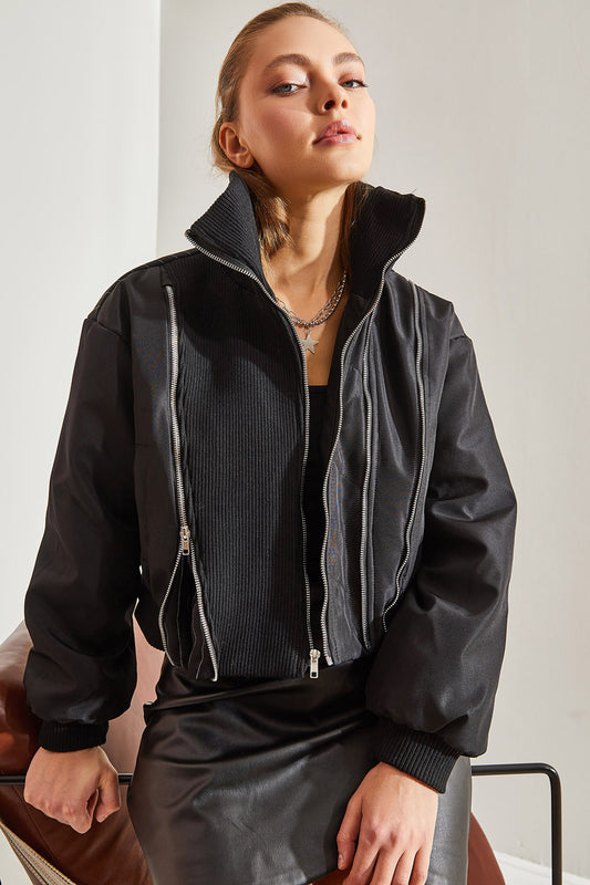 Bianco Lucci Women's Zippered Bomber Coat Black Women