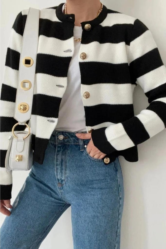 MODAGEN Women's Black Striped Crew Neck Gold Buttoned Crop Knitwear Cardigan Women