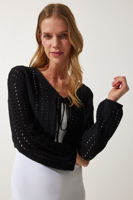 Happiness İstanbul Women's Black Openwork Knitwear Bolero Cardigan Women