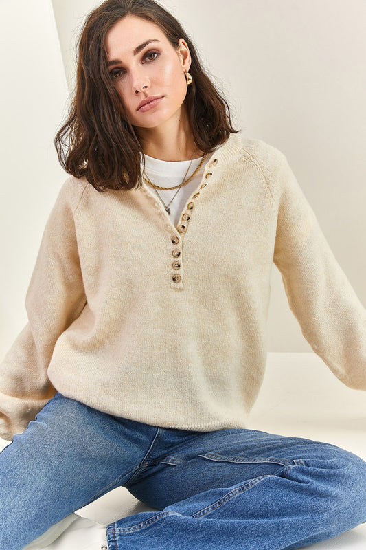 Bianco Lucci Women's Buttonhole Turtleneck Knitwear Sweater Cream Women