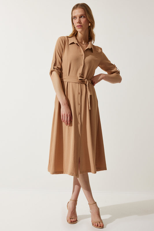 Happiness İstanbul Women's Camel Belted Shirt Dress Women