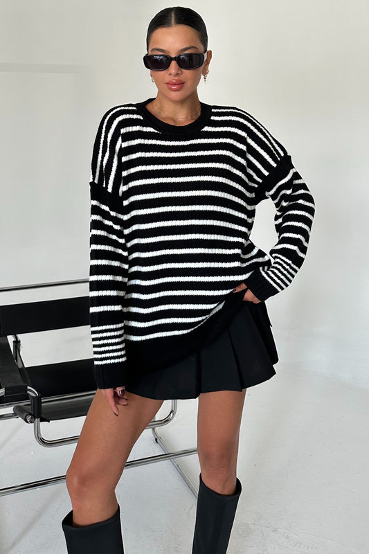 MODAGEN Black Striped Crew Neck Women's Knitwear Sweater Women