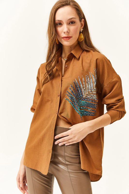 Olalook Women's Brown Palm Sequin Detailed Oversize Woven Poplin Shirt Women