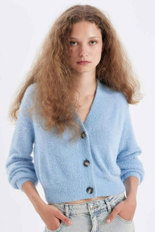 DeFacto Oversize Wide Fit V-Neck Basic Plain Buttoned Knitwear Cardigan Blue Women
