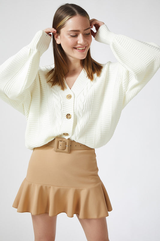 Happiness İstanbul Women's Ecru Braided Balloon Sleeve Loose Knitwear Cardigan Women