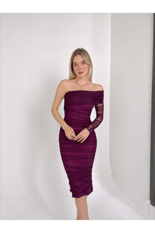 MY BELLA BUTİK New Season One Sleeve Tulle Dress Purple Women