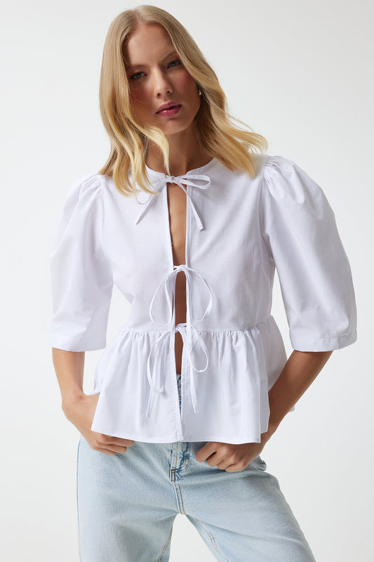 Happiness İstanbul White Balloon Sleeve Bow Detailed Cotton Poplin Women's Blouse Women