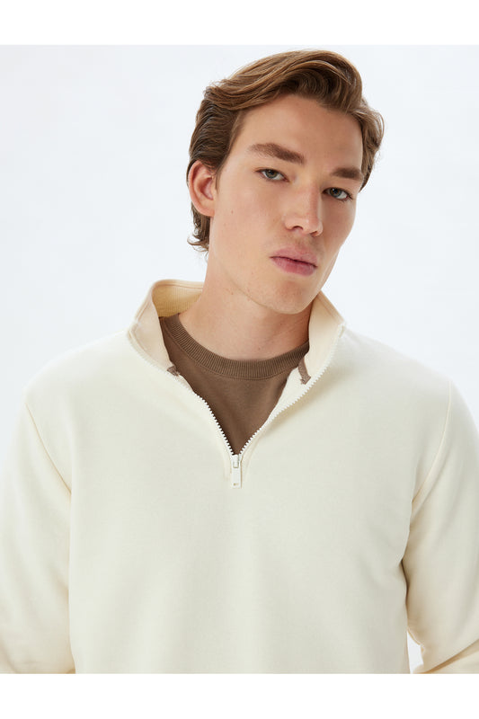 Koton Half Zip Collar Basic Ribbed Cotton Blended Long Sleeve Sweatshirt Ecru Men