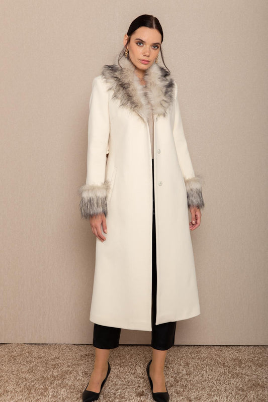 Olcay Men's Faux Fur Coat with Collar and Sleeve Detail, Medium Length Coat Ecru Women