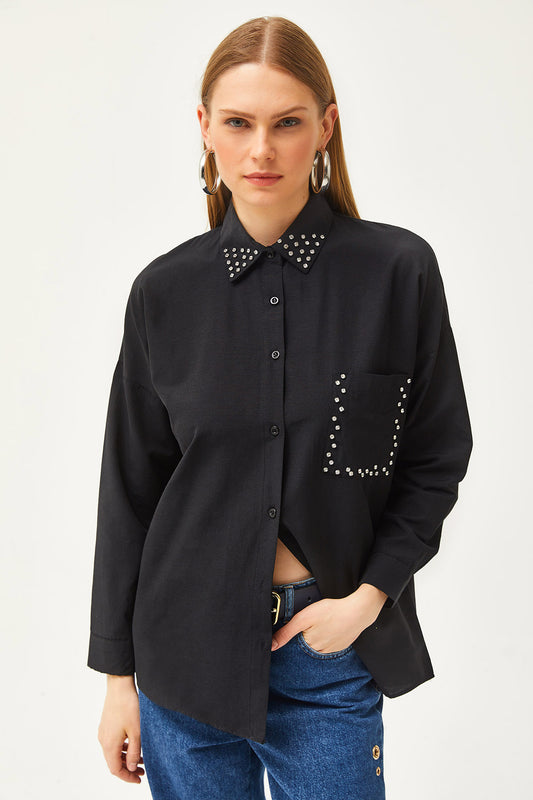 Olalook Women's Black Collar and Pocket Jewelled Woven Shirt Women