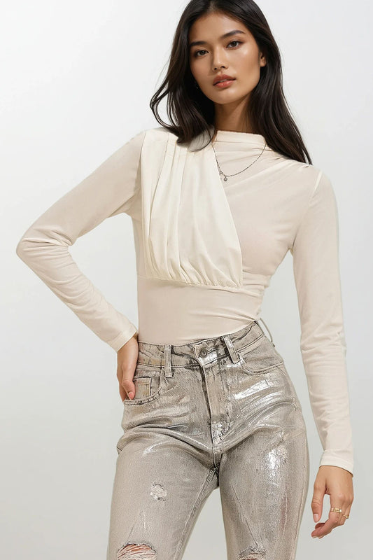 Trend Alaçatı Stili Women's Ecru High Collar Draped Stud Sandy Bodysuit ALC Women