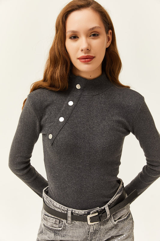 Olalook Women's Anthracite Button Detailed Half Fisherman Lycra Blouse Women