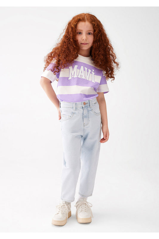 Mavi Logo Printed Purple Striped T-Shirt Loose Fit - Loose Relaxed Women