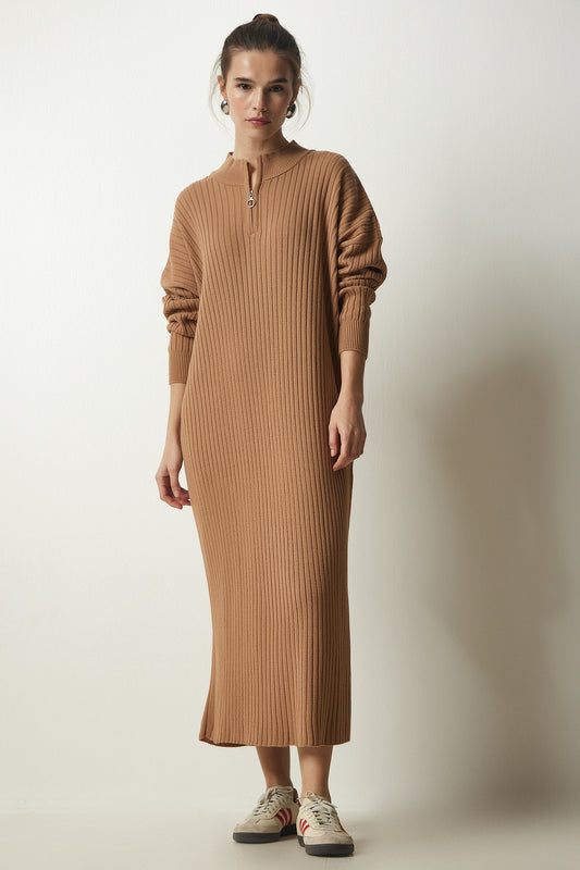 Happiness İstanbul Women's Biscuit Ribbed Oversize Knitwear Dress Women