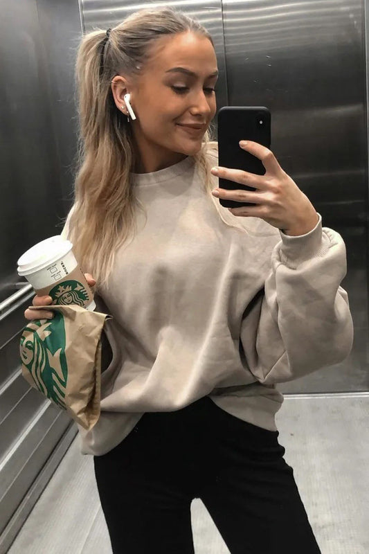 Madmext Beige Crew Neck Basic Sweatshirt Women