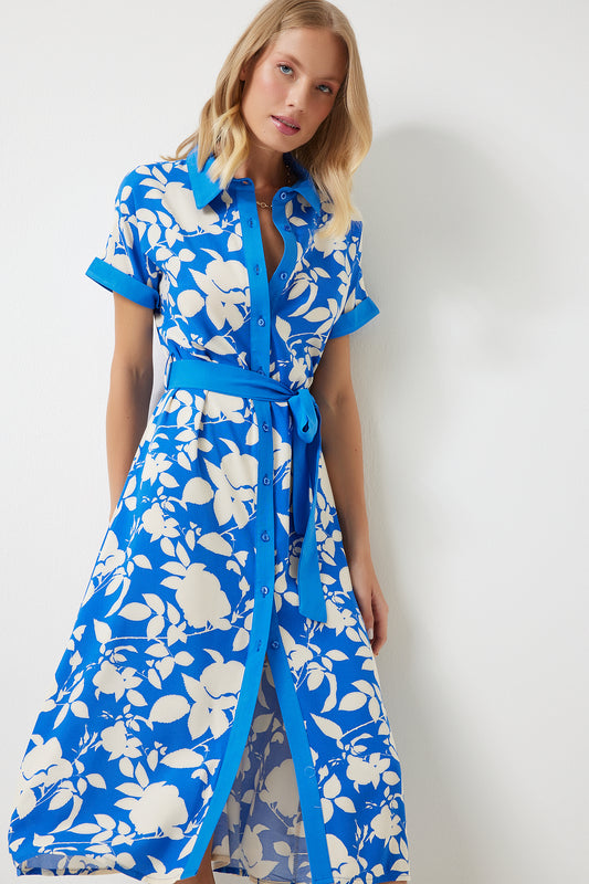 Happiness İstanbul Blue Floral Pattern Thin Viscose Summer Dress Women
