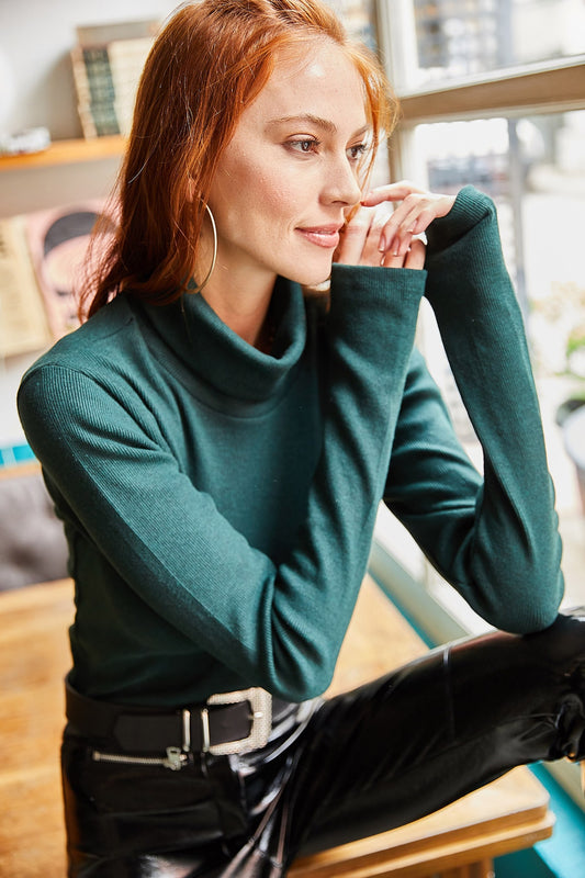 Olalook Women's Green Turtleneck Toe Detailed Lycra Crop Blouse Women