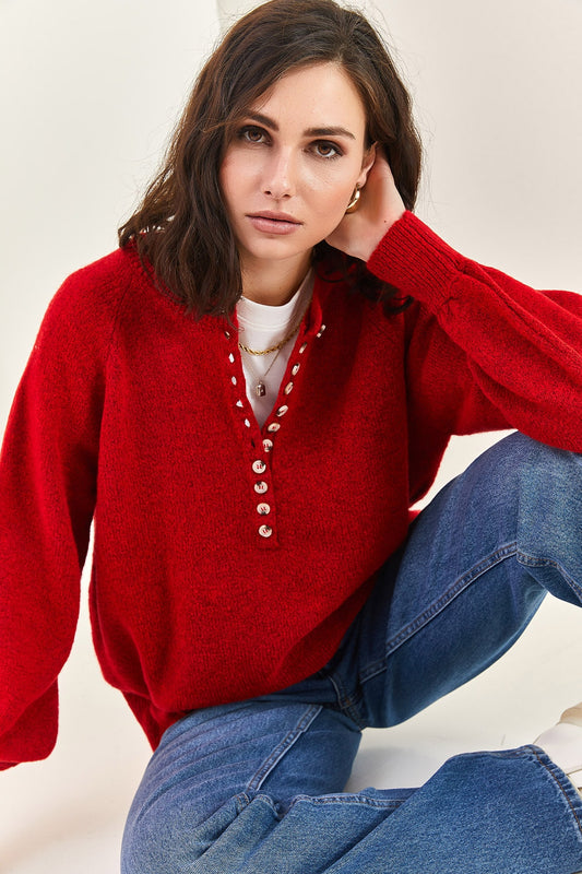 Bianco Lucci Women's Buttonhole Turtleneck Knitwear Sweater Burgundy Women