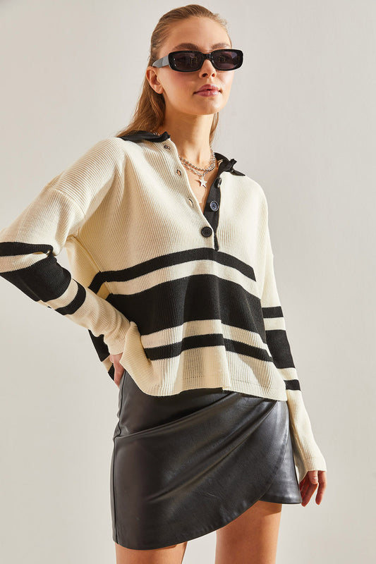Bianco Lucci Women's Polo Neck Buttoned Knitwear Sweater Cream-black Women